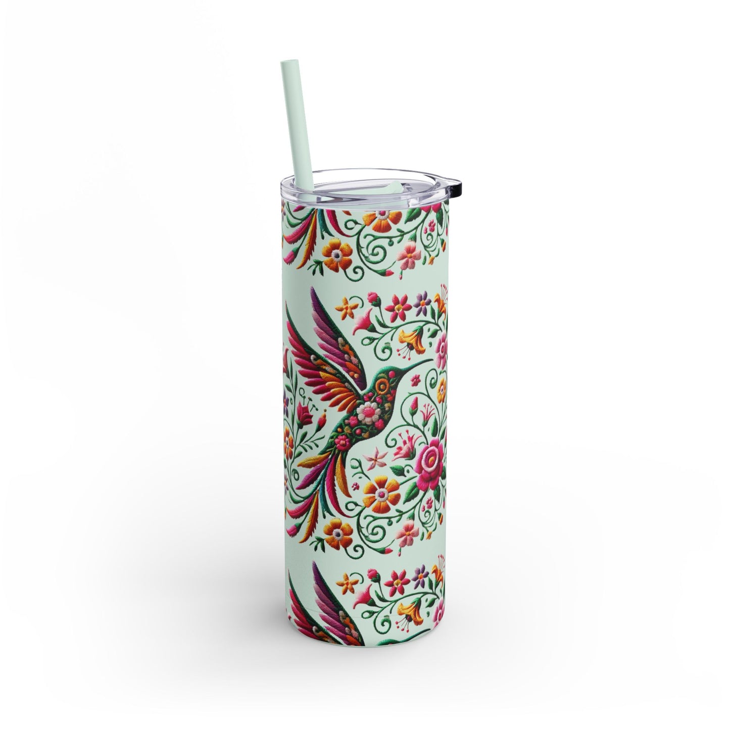 Hummingbird & Floral Embroidered-Style Skinny Tumbler 🌸✨ (20oz)