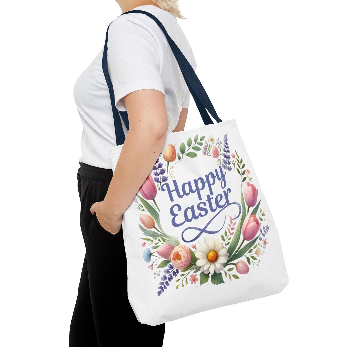 “Happy Easter” – Floral Wreath Tote Bag 🌸🐣👜