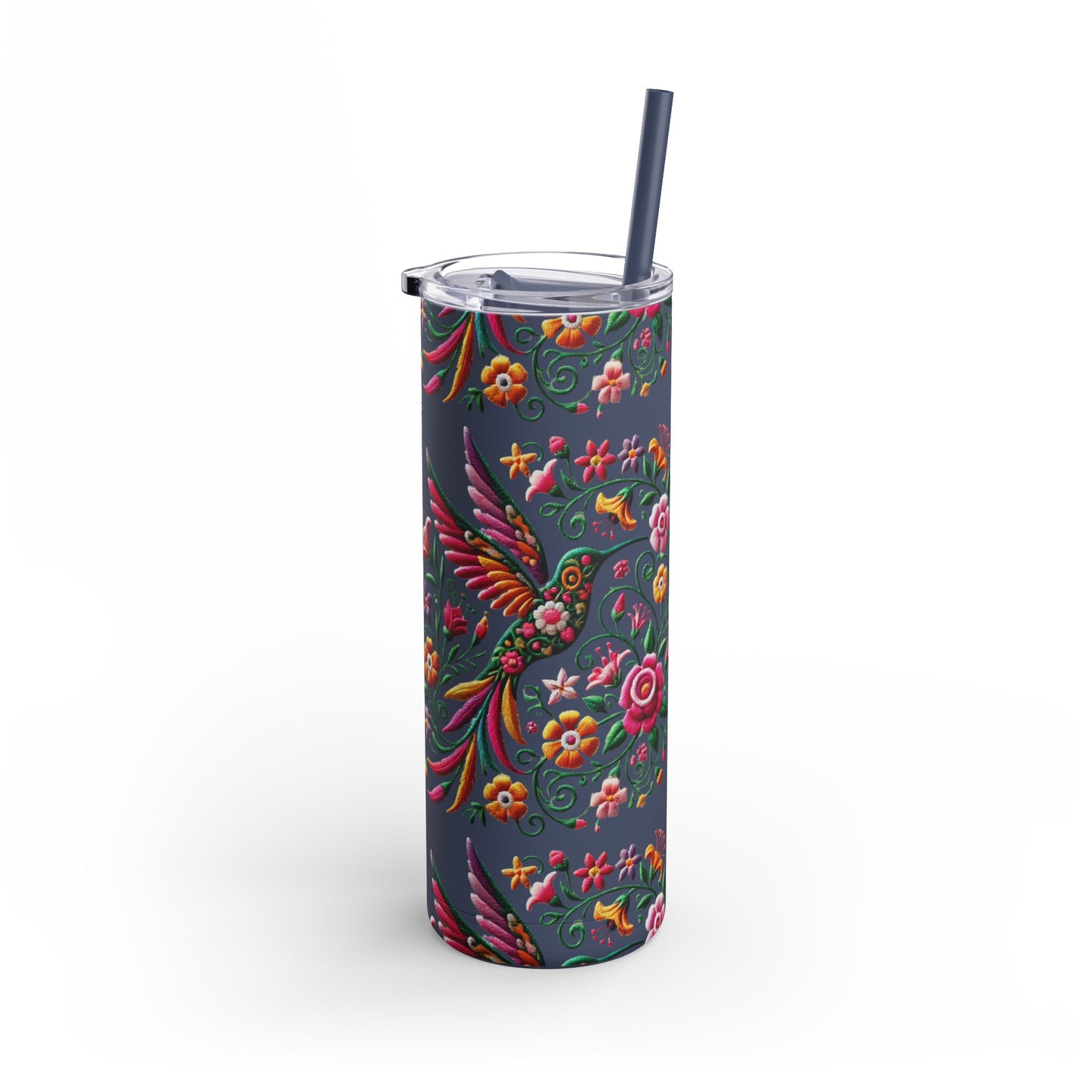 Hummingbird & Floral Embroidered-Style Skinny Tumbler 🌸✨ (20oz)