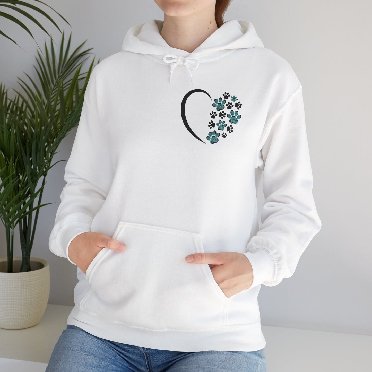 Paw Heart Unisex Hoodie – Teal & Black Paw Prints