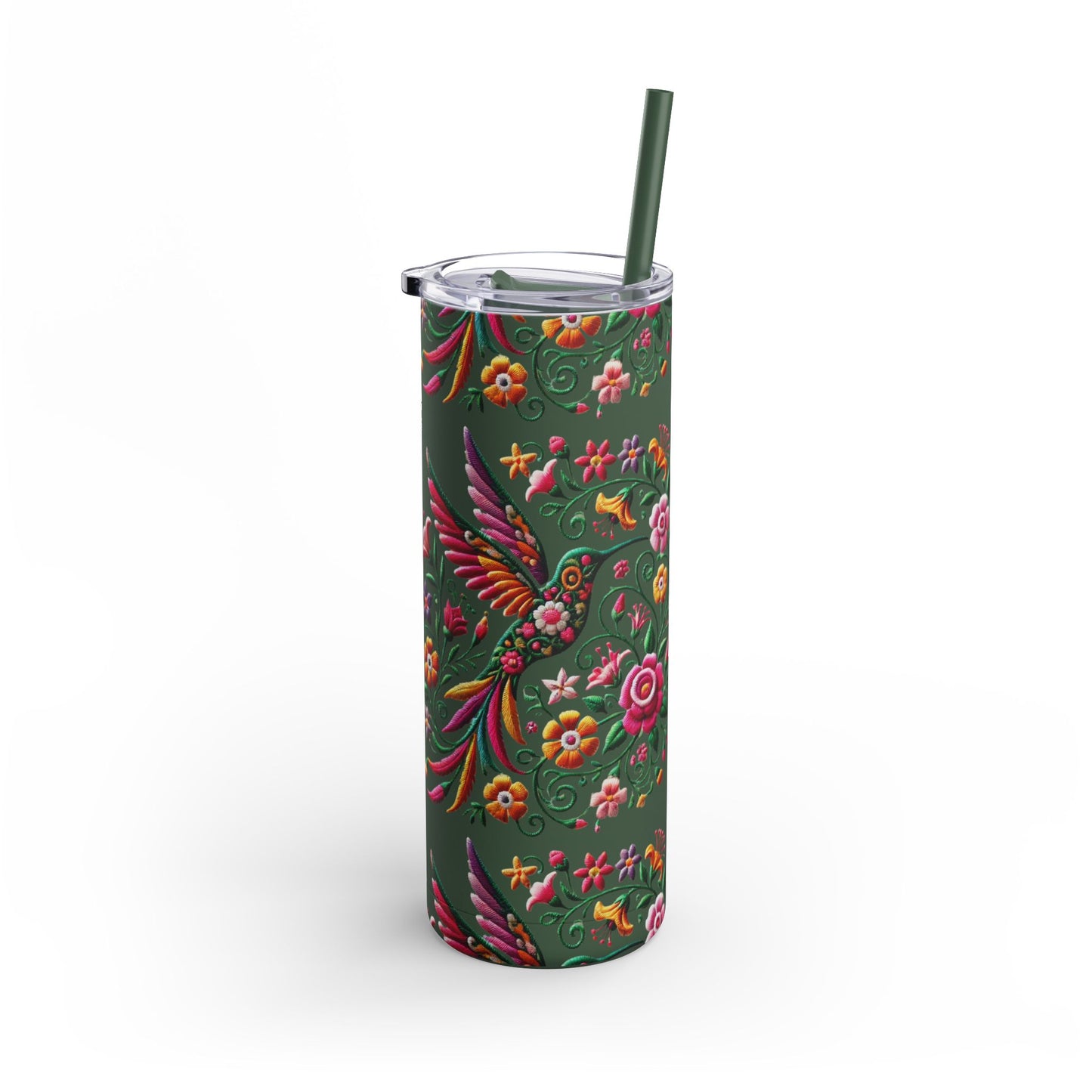 Hummingbird & Floral Embroidered-Style Skinny Tumbler 🌸✨ (20oz)