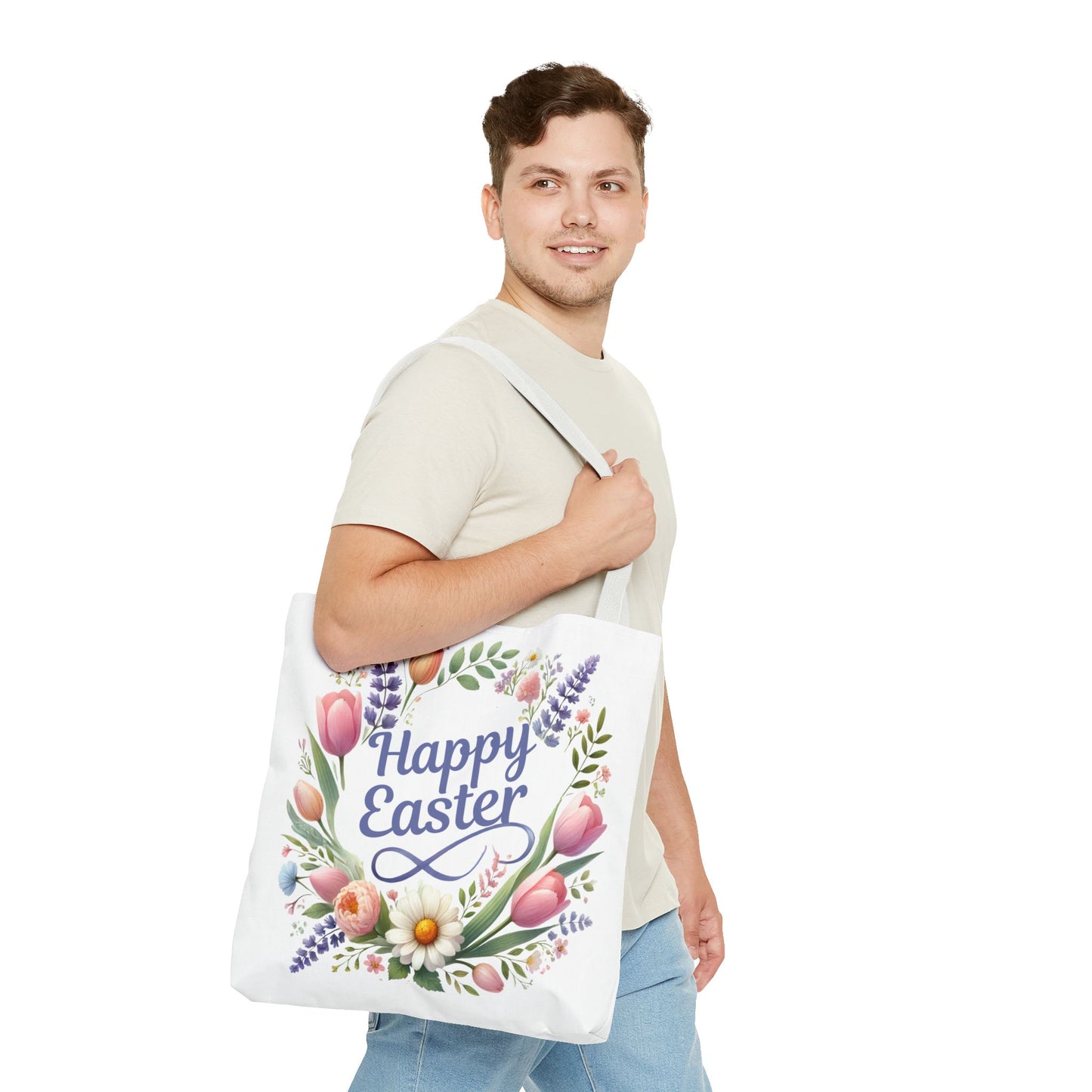 “Happy Easter” – Floral Wreath Tote Bag 🌸🐣👜
