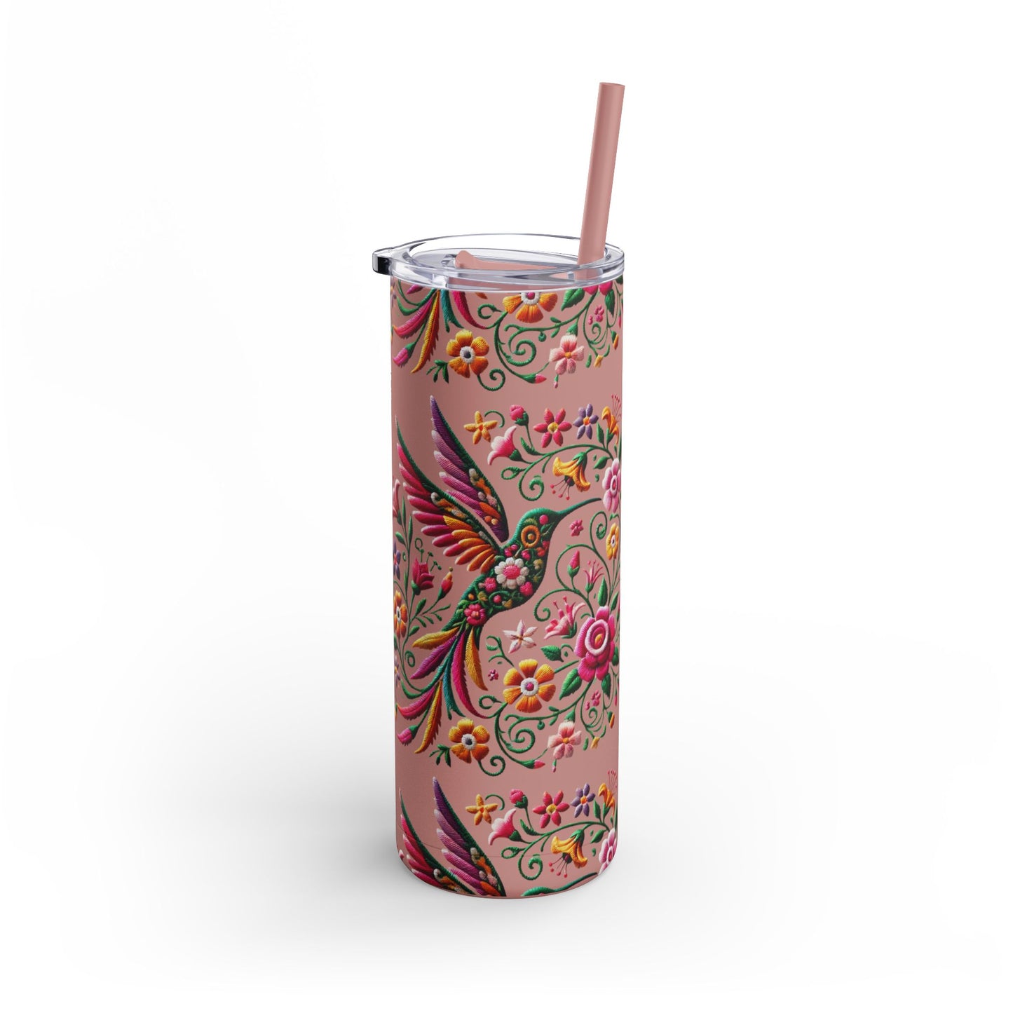 Hummingbird & Floral Embroidered-Style Skinny Tumbler 🌸✨ (20oz)