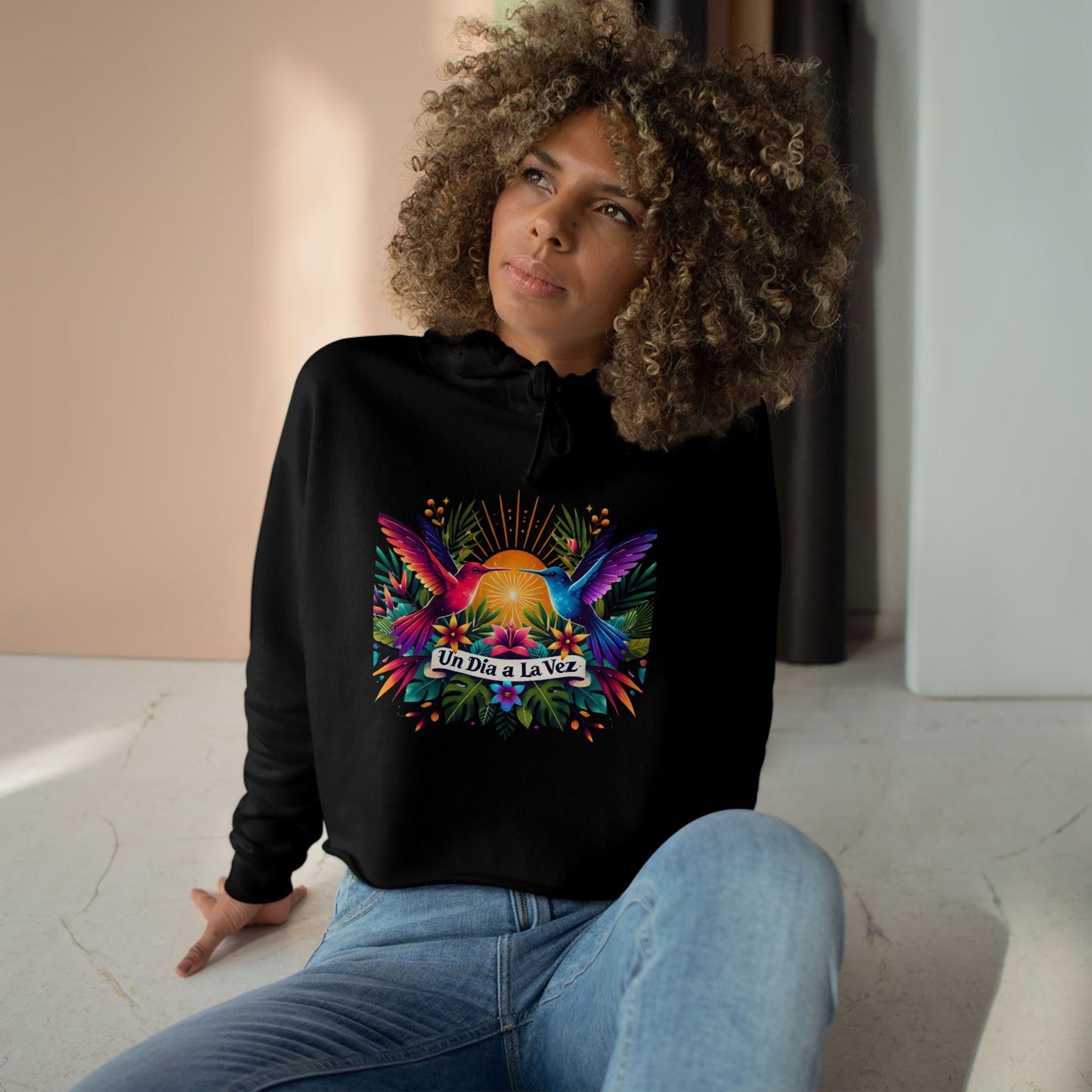 "Un Día a La Vez" Tropical Sunrise Cropped Hoodie