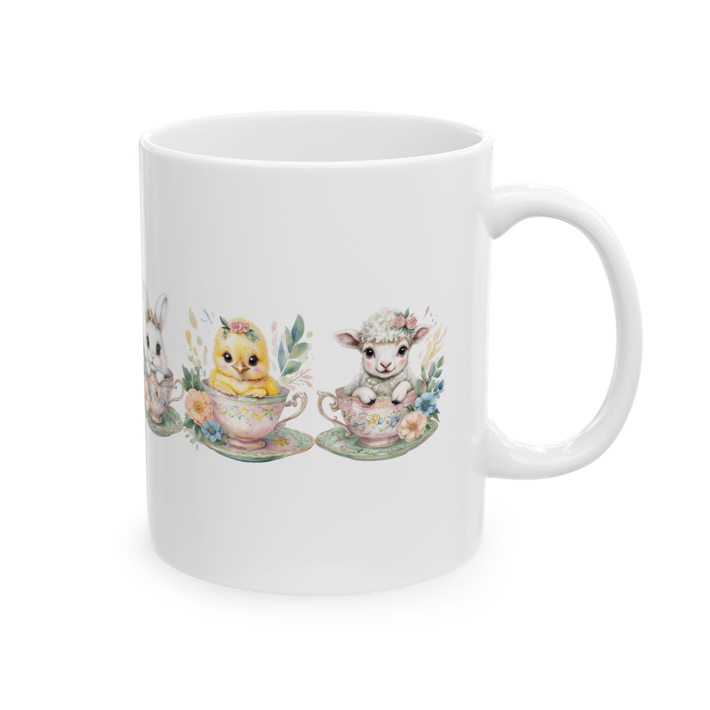 “Tea Time Trio” – Ceramic Mug ☕🐣🌸 (11oz, 15oz)