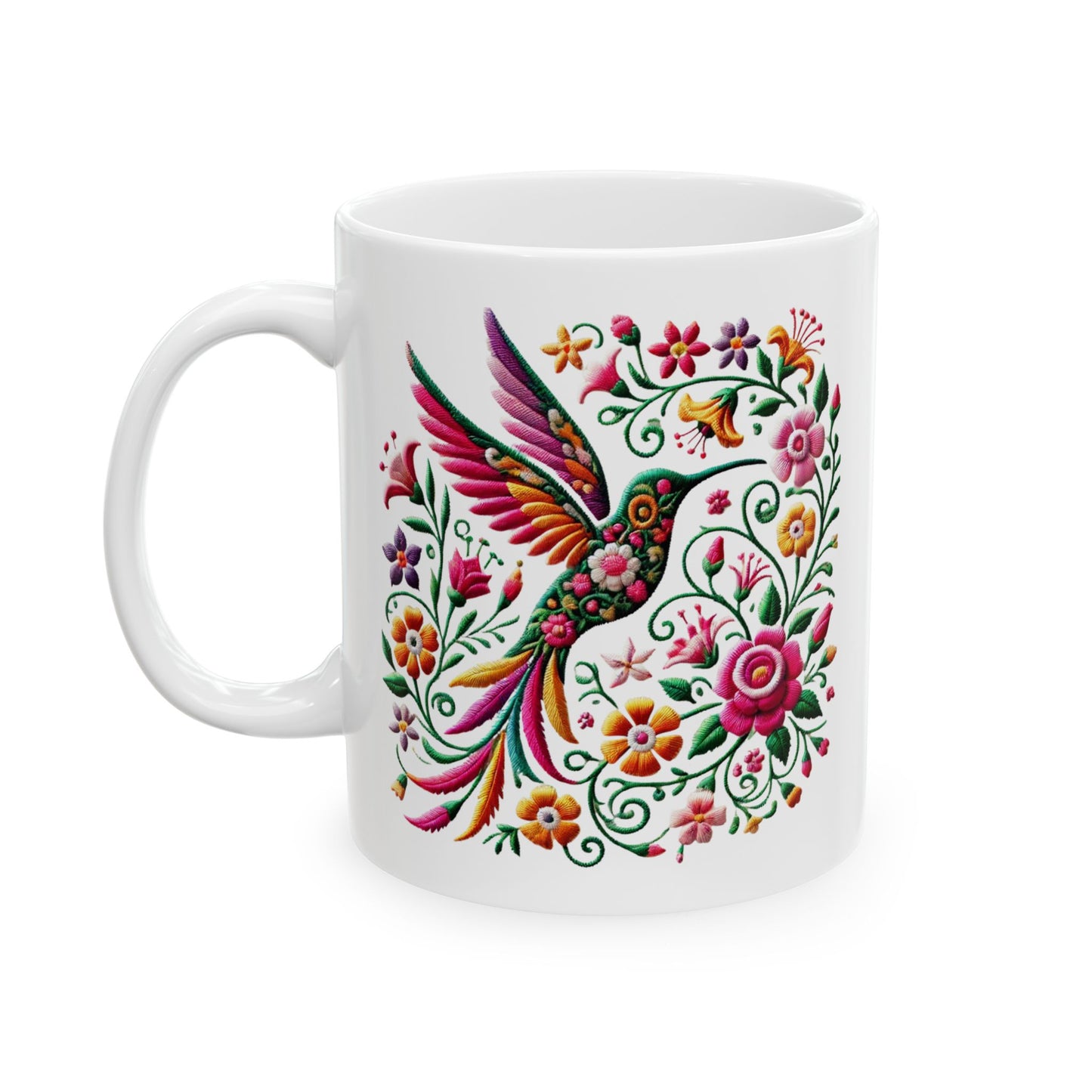 Hummingbird & Floral Embroidered-Style Ceramic Mug 🌸✨ (11oz, 15oz)