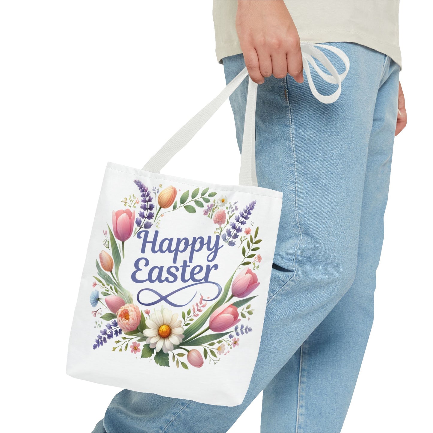 “Happy Easter” – Floral Wreath Tote Bag 🌸🐣👜