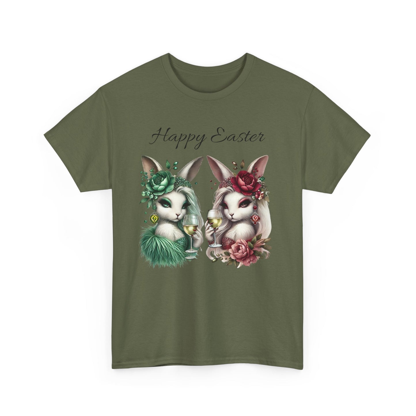 “Happy Easter” – Glam Bunny Duo Unisex Tee 🐰🍷🌿