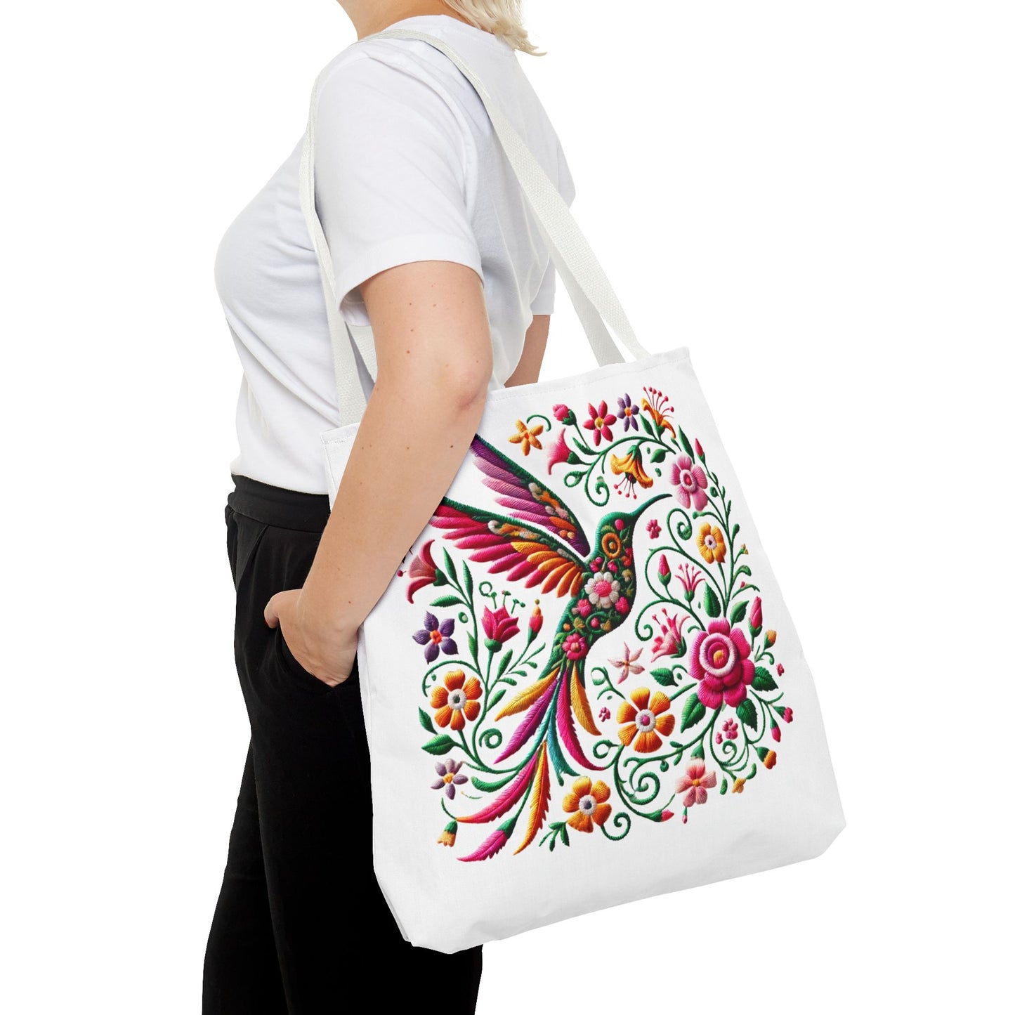 Hummingbird & Floral Embroidered-Style Tote Bag 🌸✨