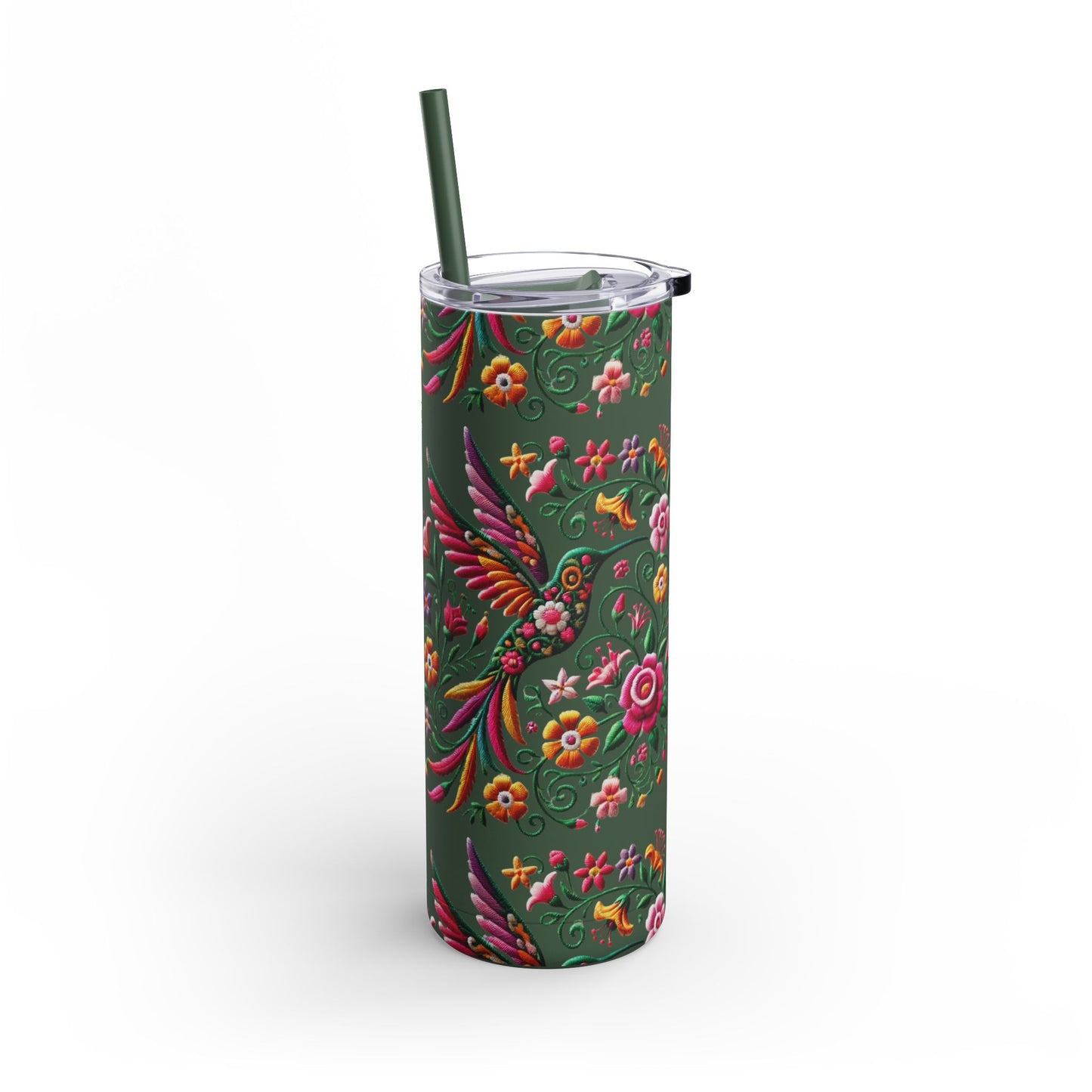 Hummingbird & Floral Embroidered-Style Skinny Tumbler 🌸✨ (20oz)