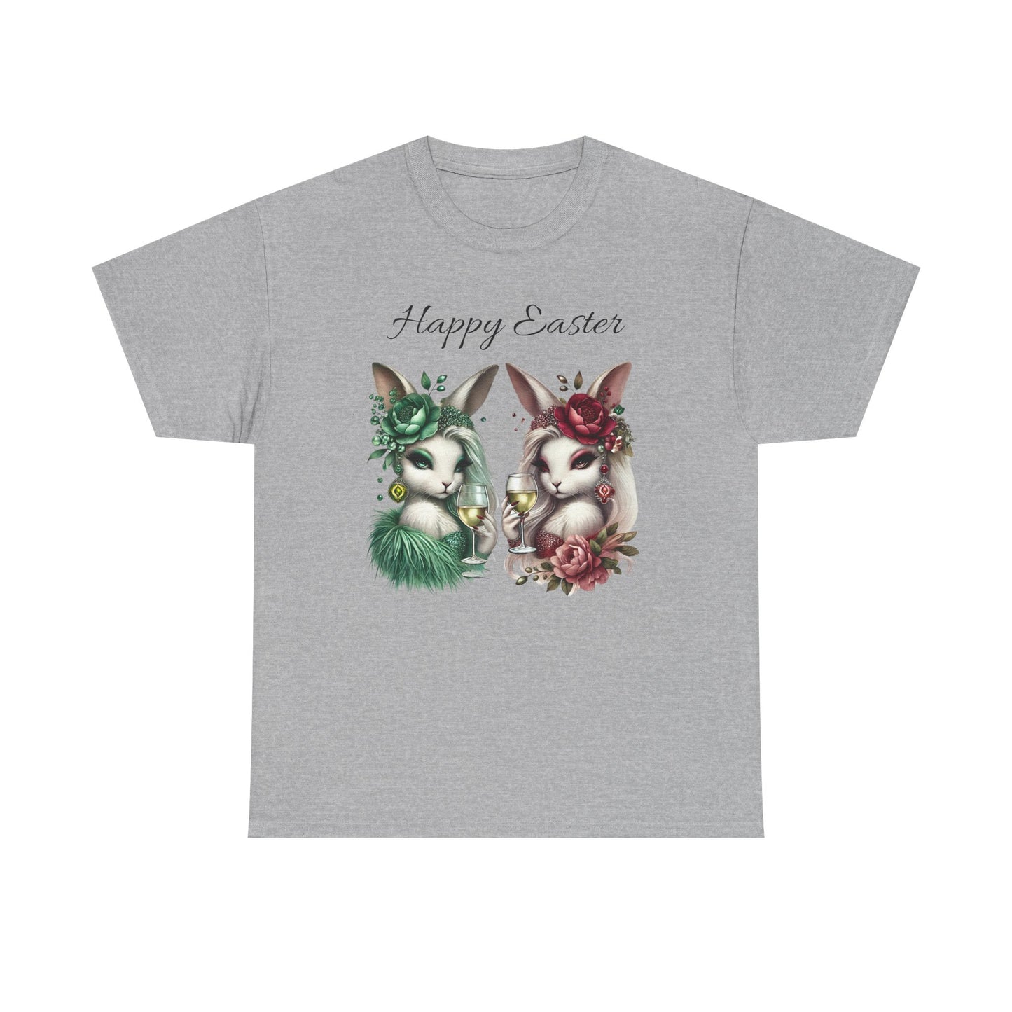 “Happy Easter” – Glam Bunny Duo Unisex Tee 🐰🍷🌿