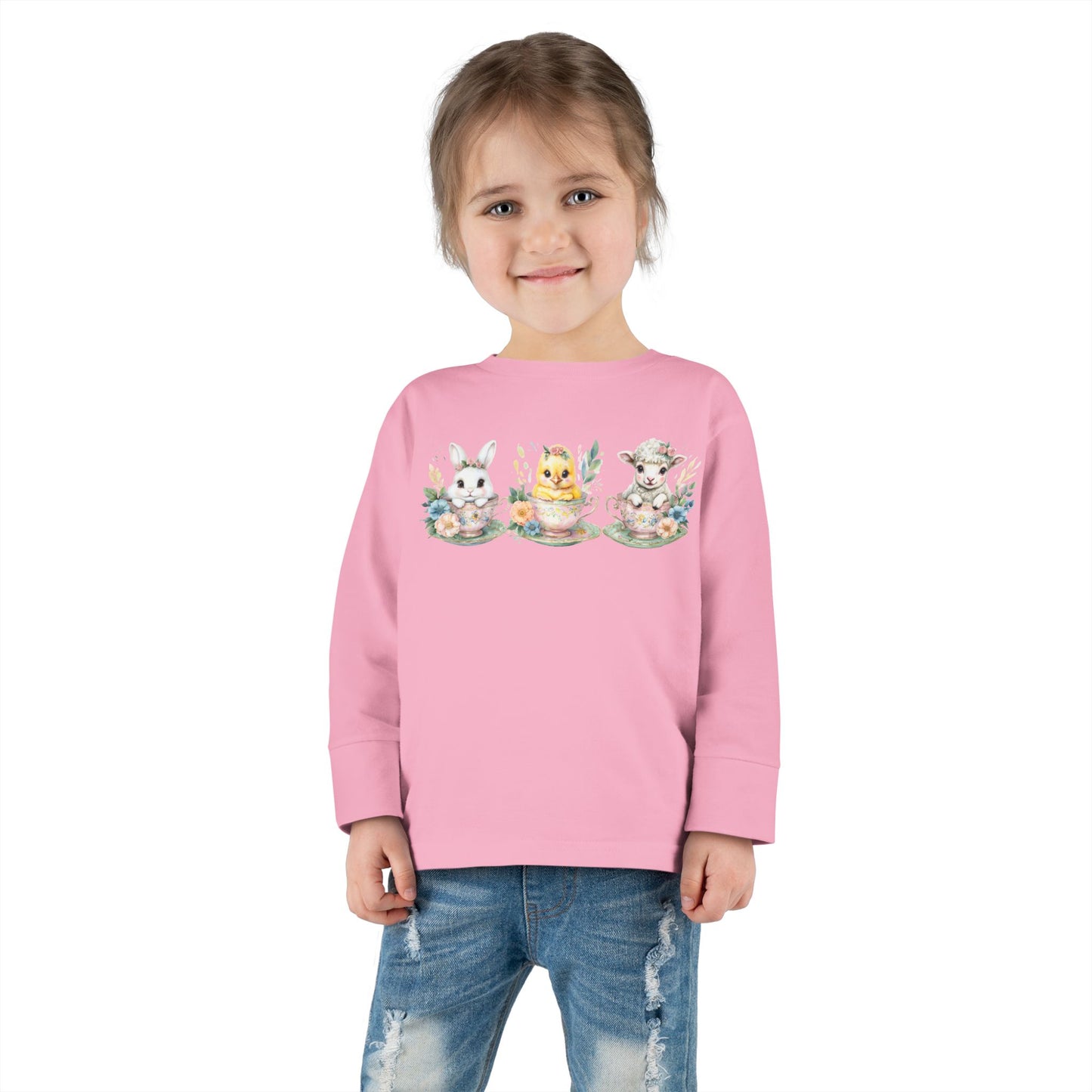 “Tea Time Trio” – Toddler Long Sleeve Tee 🐰🫖🌸
