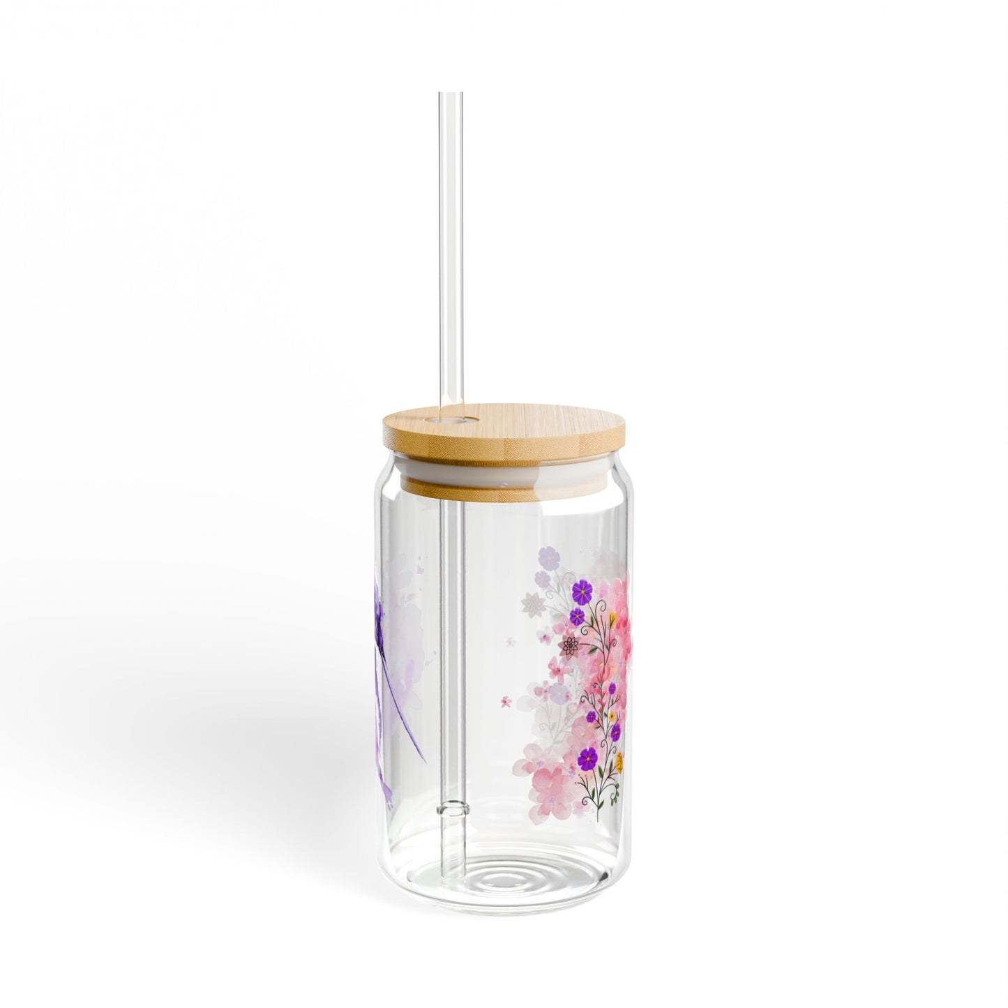"Watercolor Hummingbird" Glass Sipper with Bamboo Lid (16oz)