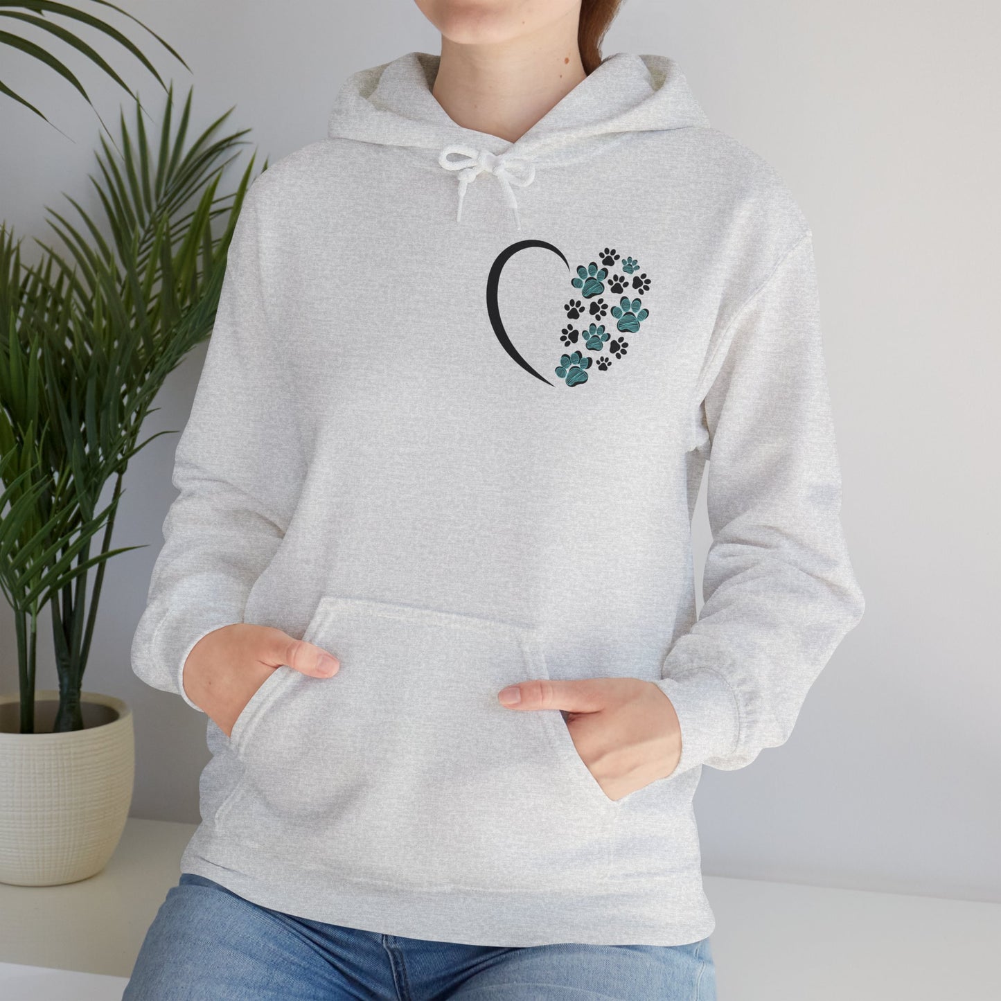 Paw Heart Unisex Hoodie  – Teal & Black Paw Prints