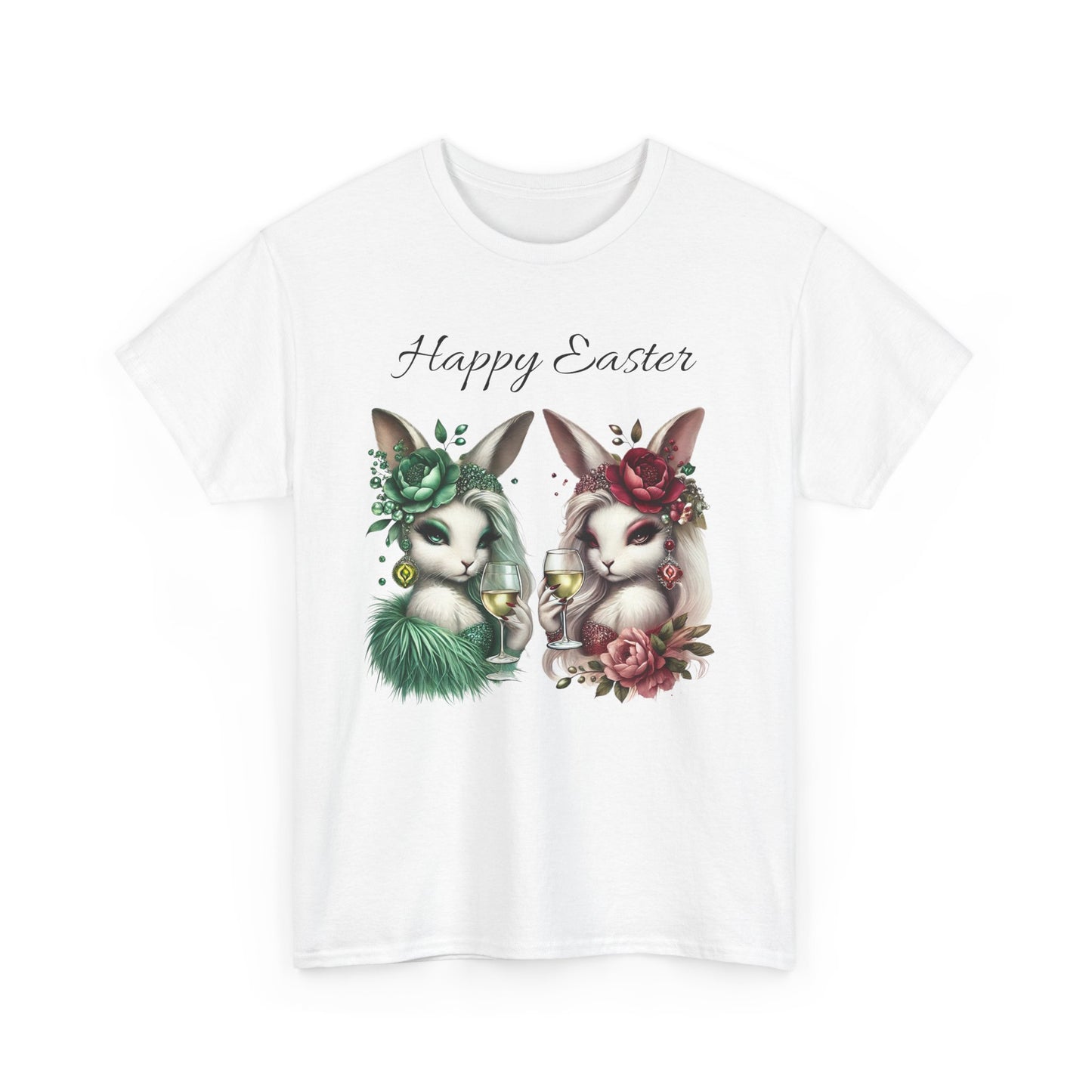 “Happy Easter” – Glam Bunny Duo Unisex Tee 🐰🍷🌿