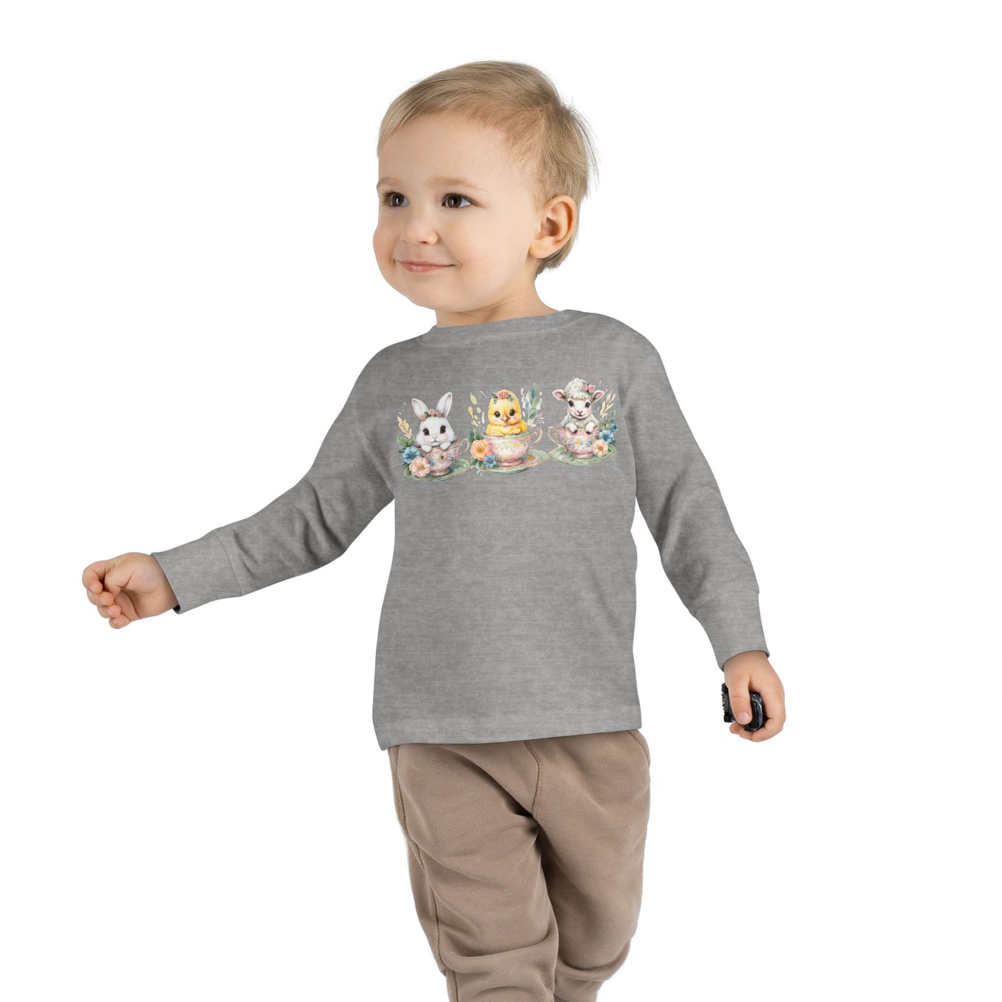“Tea Time Trio” – Toddler Long Sleeve Tee 🐰🫖🌸