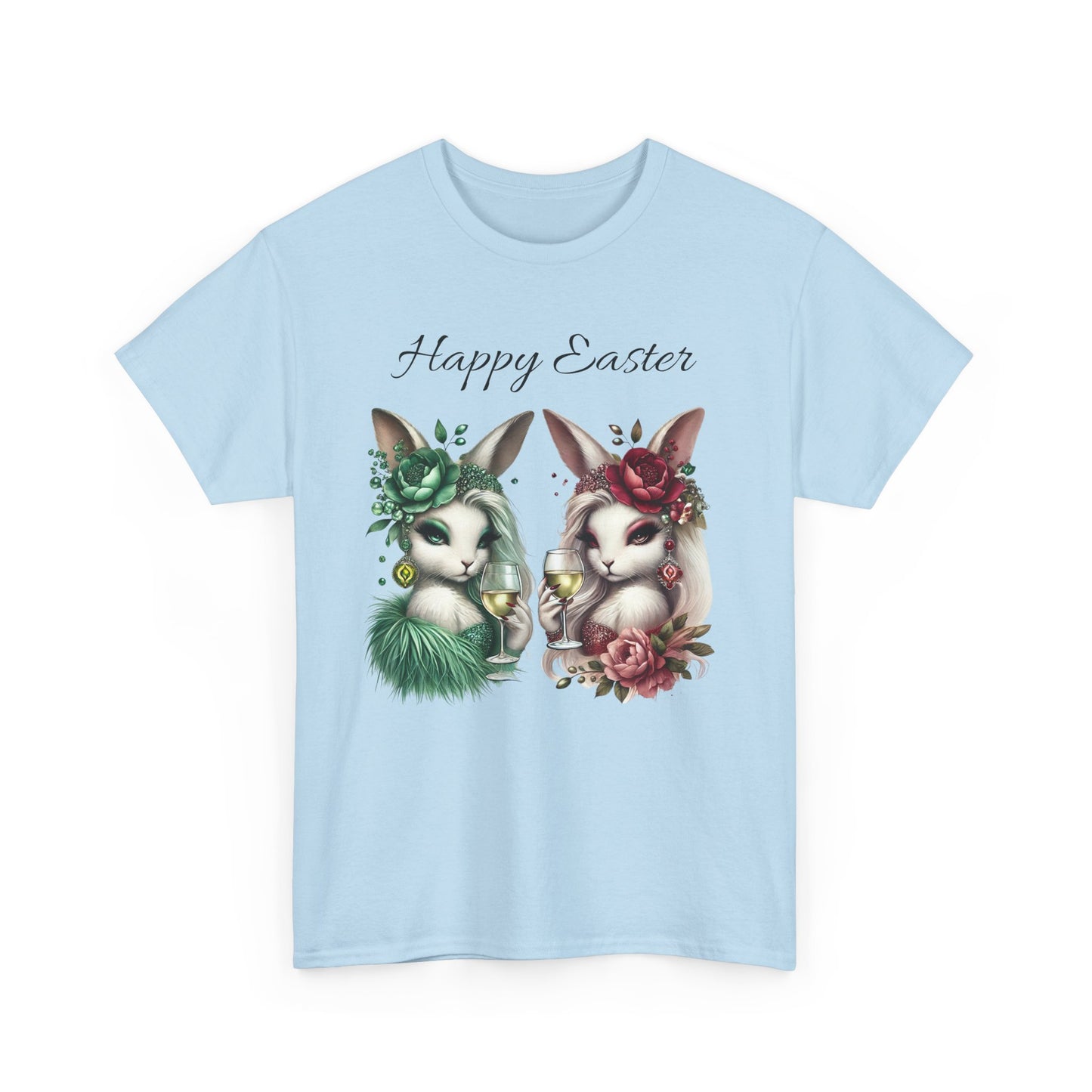 “Happy Easter” – Glam Bunny Duo Unisex Tee 🐰🍷🌿