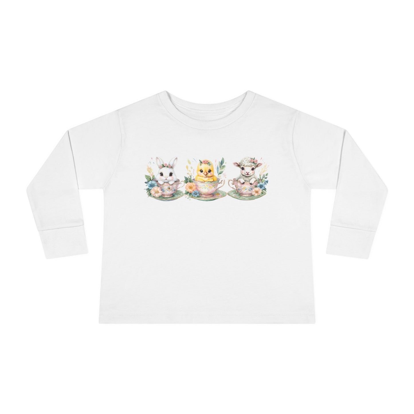 “Tea Time Trio” – Toddler Long Sleeve Tee 🐰🫖🌸