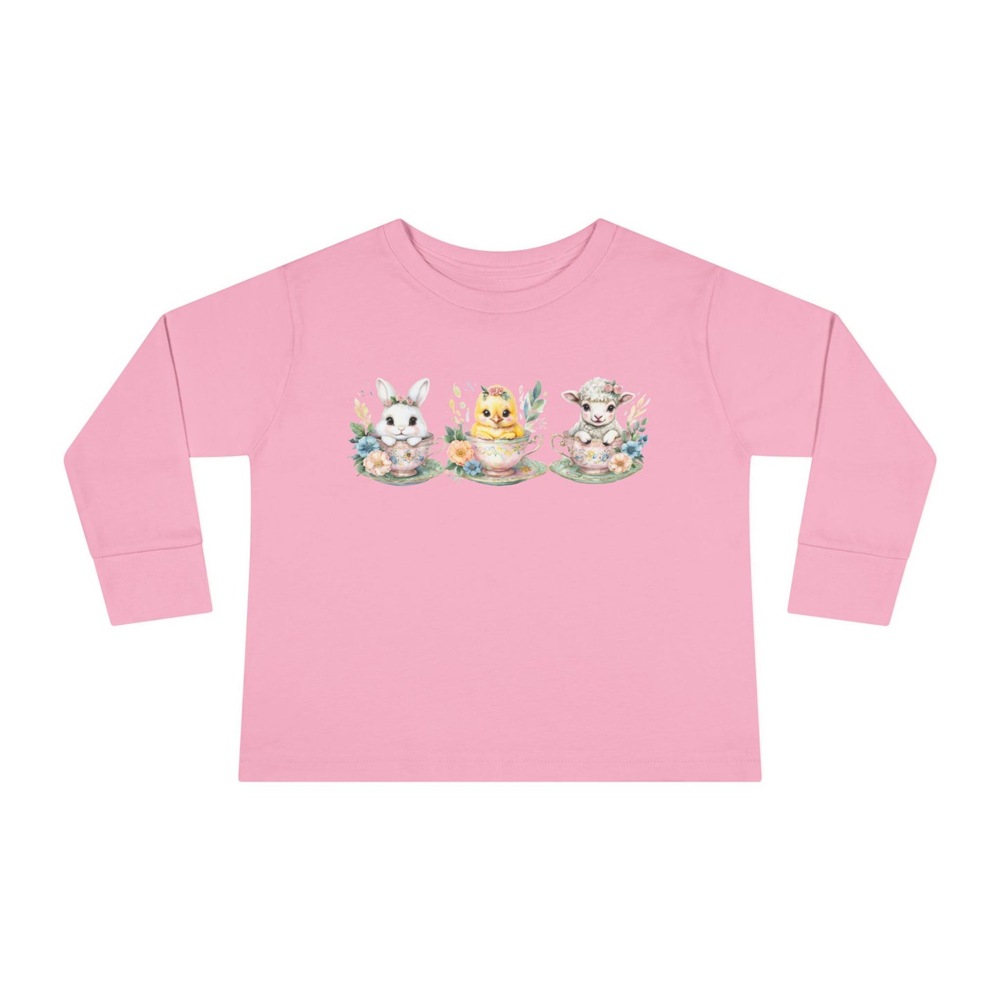 “Tea Time Trio” – Toddler Long Sleeve Tee 🐰🫖🌸
