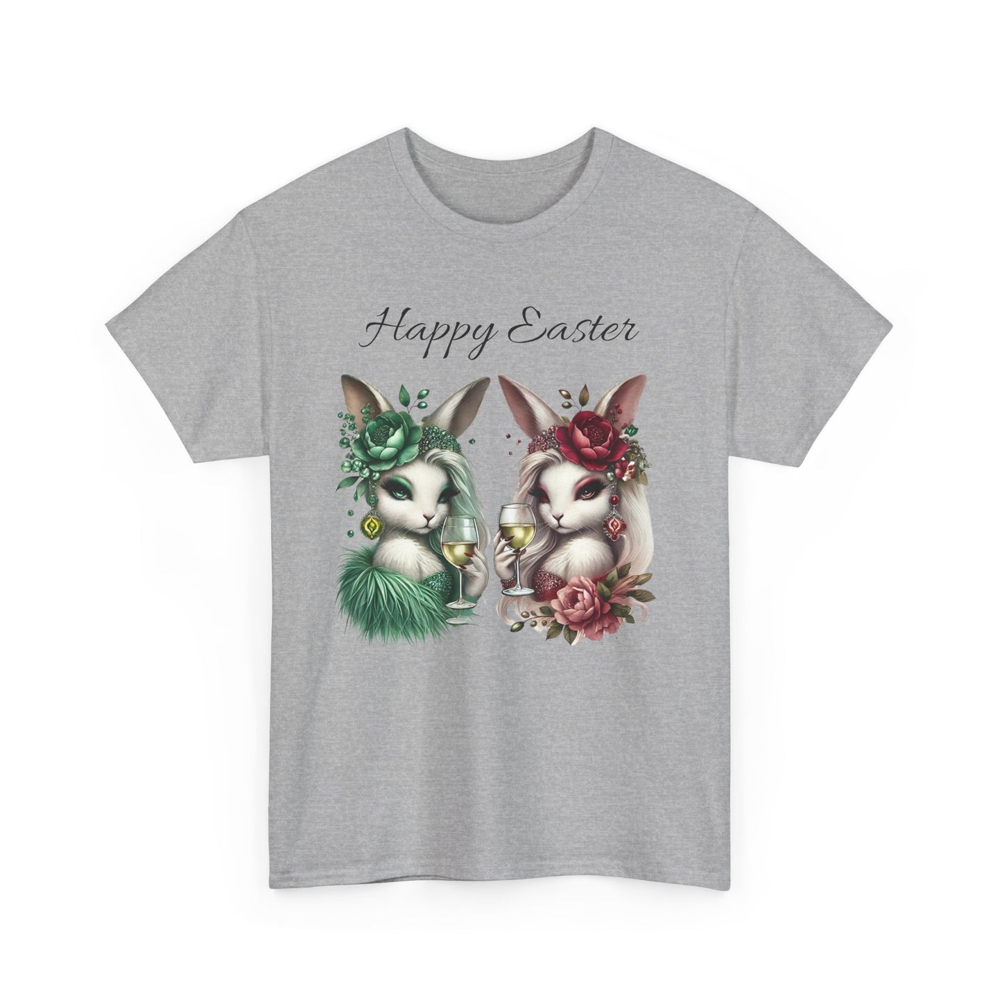 “Happy Easter” – Glam Bunny Duo Unisex Tee 🐰🍷🌿