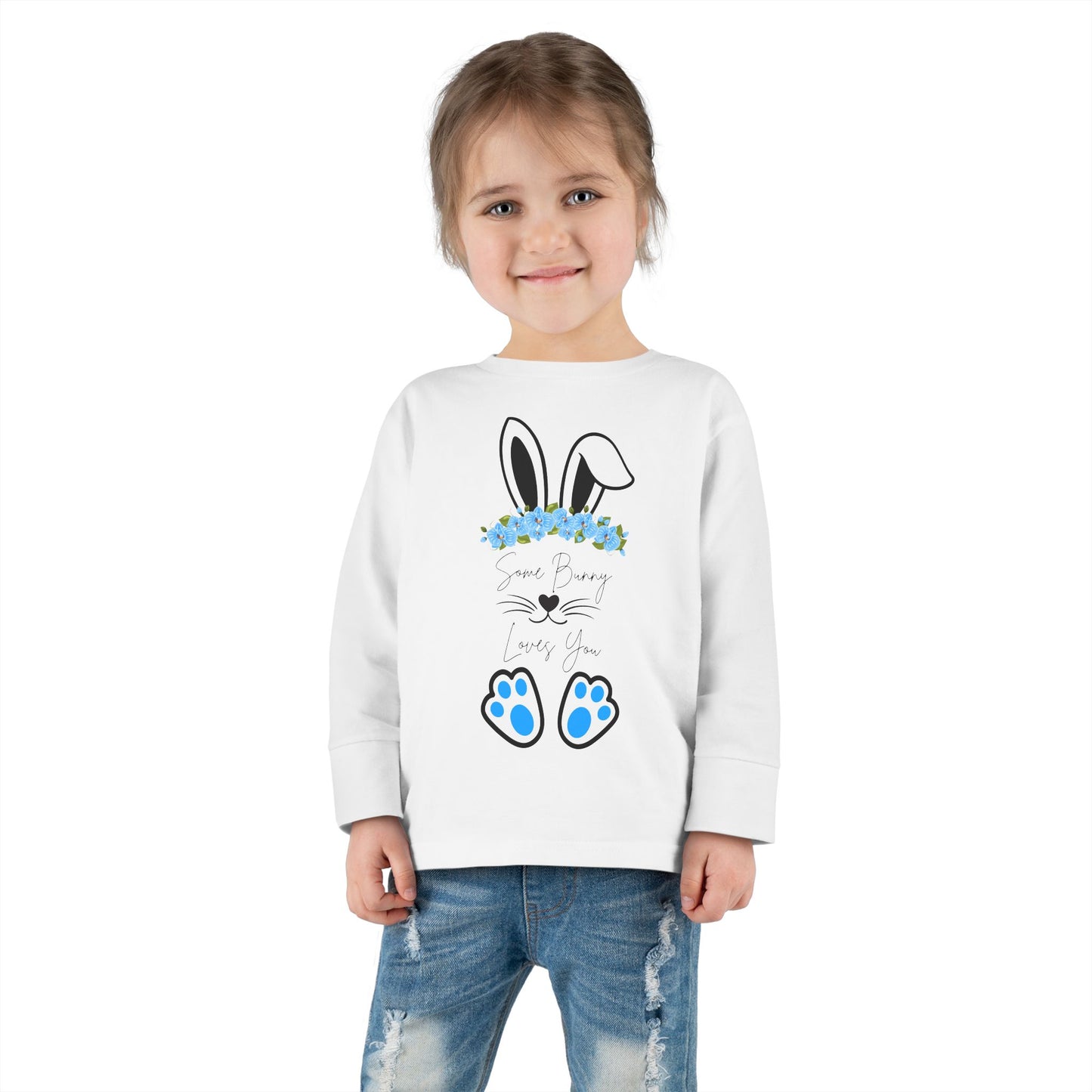 “Some Bunny Loves You” – Toddler Long Sleeve Tee (Blue Floral) 💙🐇