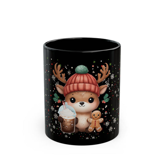 Festive Reindeer & Cocoa Black Ceramic Mug (11oz, 15oz)