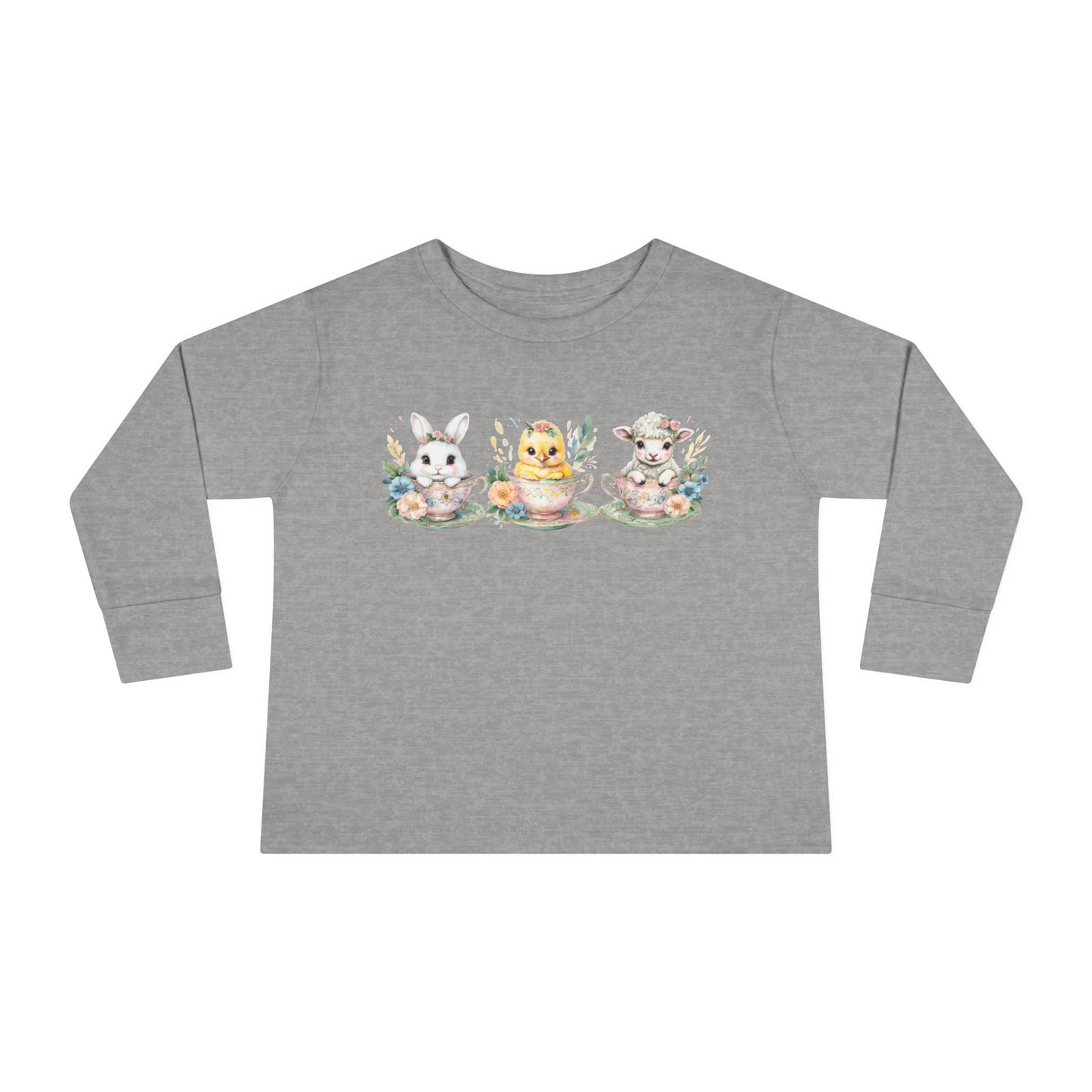 “Tea Time Trio” – Toddler Long Sleeve Tee 🐰🫖🌸