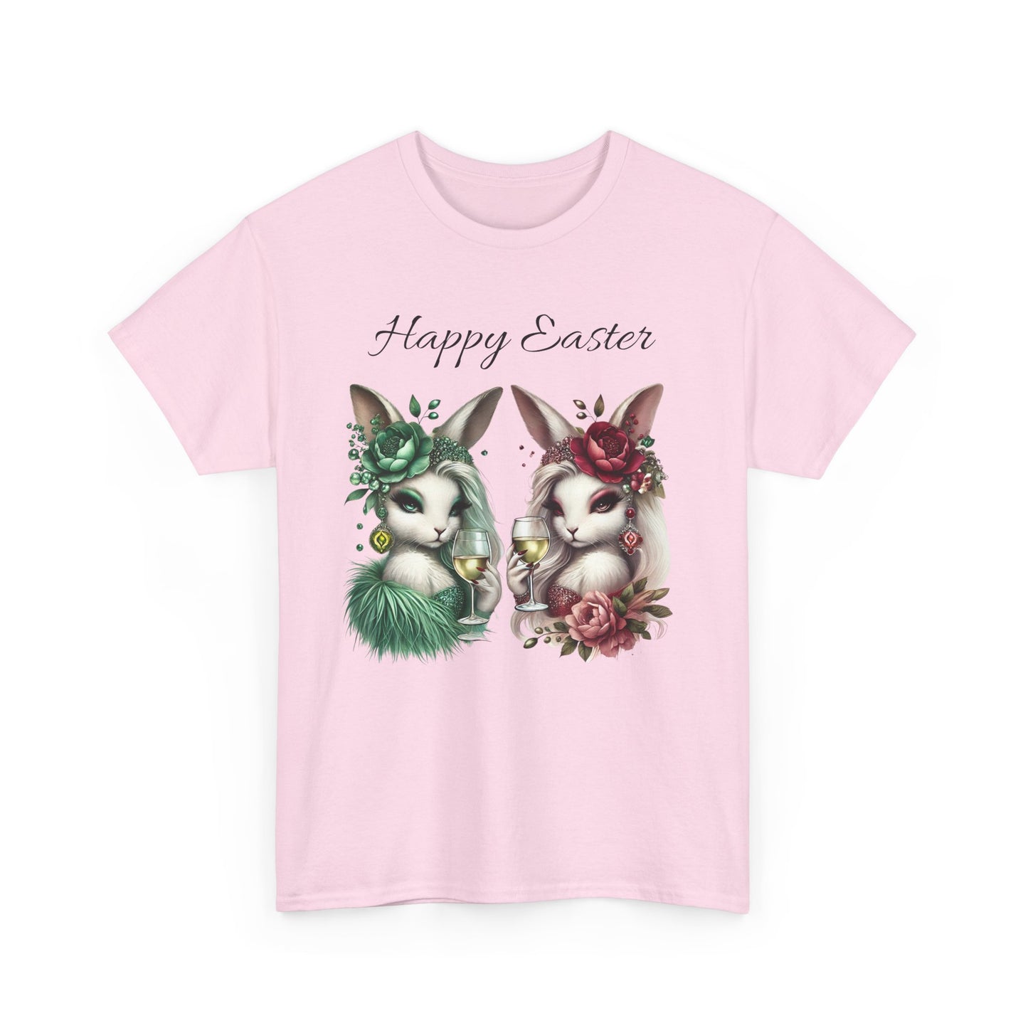 “Happy Easter” – Glam Bunny Duo Unisex Tee 🐰🍷🌿