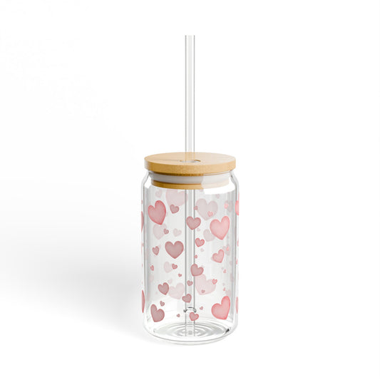 "Blush Hearts" Glass Sipper with Bamboo Lid (16oz)