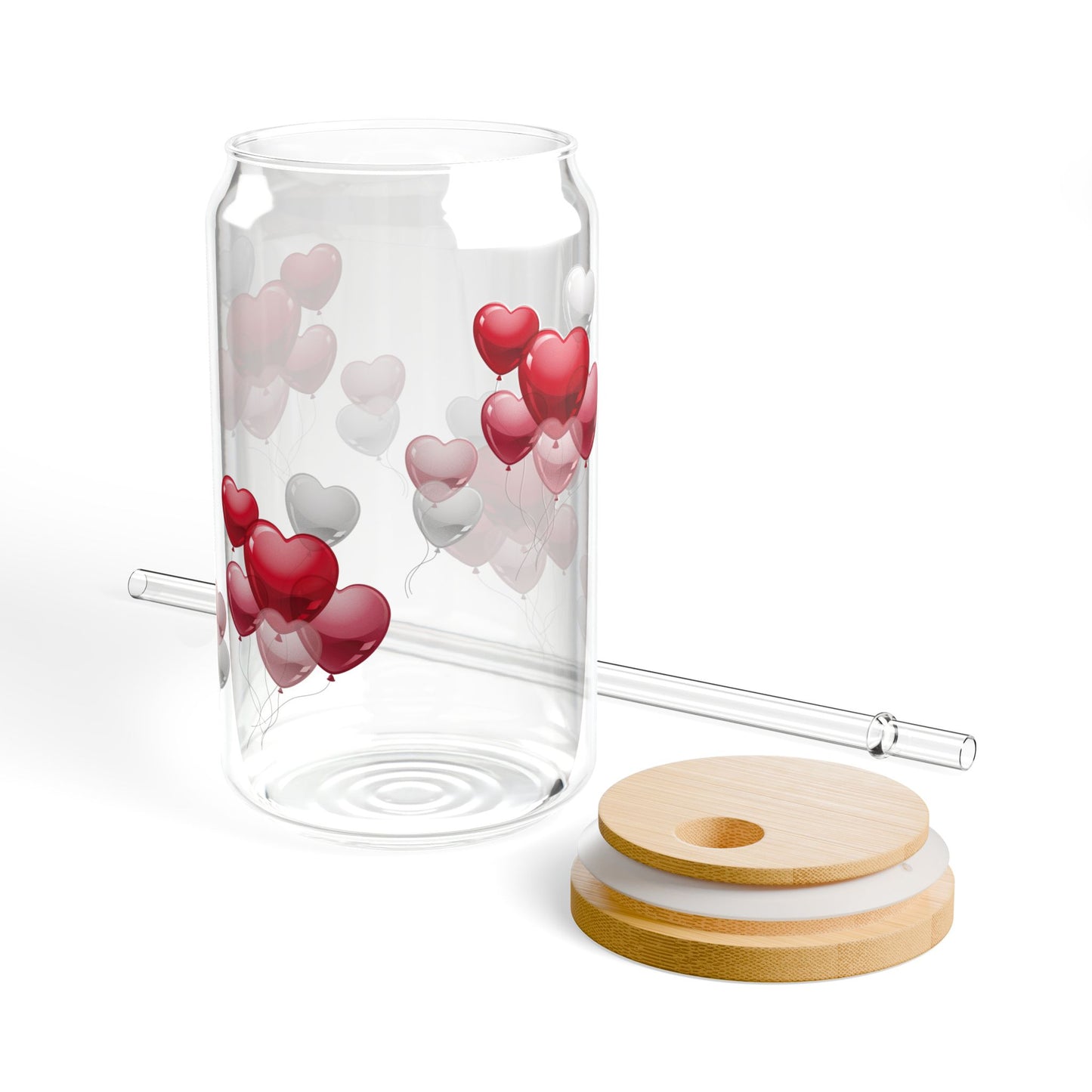 "Heart Bubbles" Glass Sipper with Bamboo Lid (16oz)