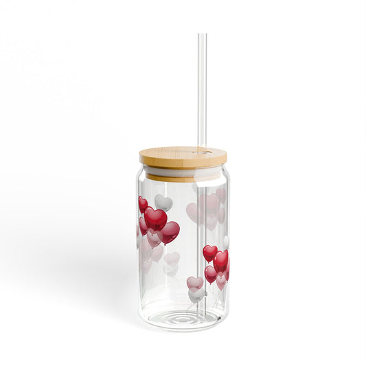 "Heart Bubbles" Glass Sipper with Bamboo Lid (16oz)