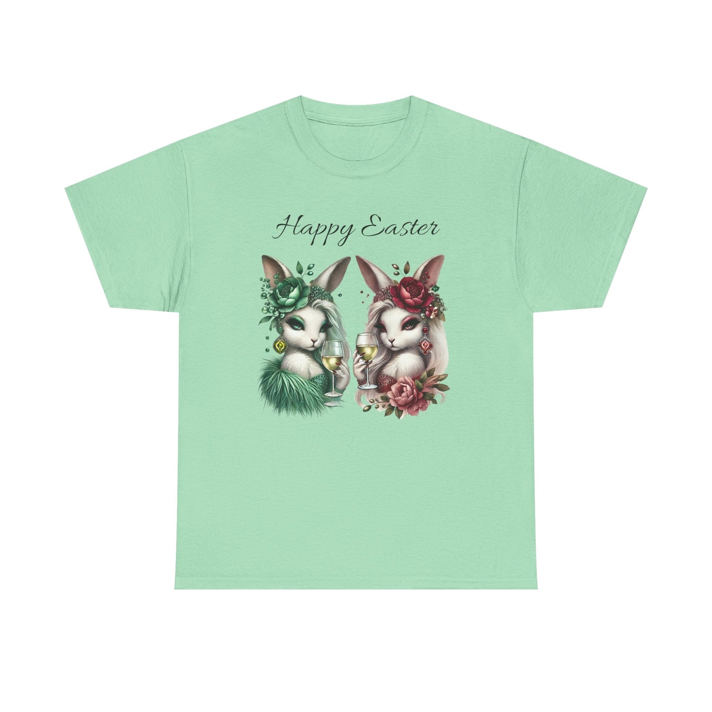 “Happy Easter” – Glam Bunny Duo Unisex Tee 🐰🍷🌿