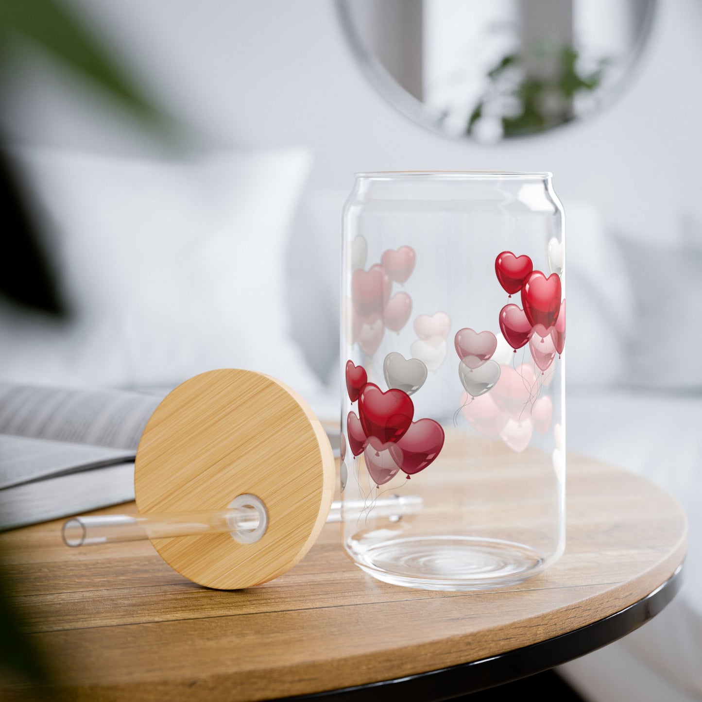 "Heart Bubbles" Glass Sipper with Bamboo Lid (16oz)