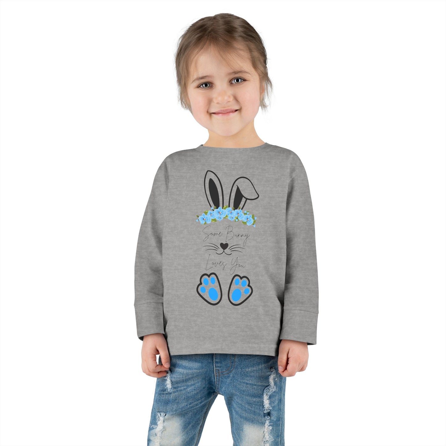 “Some Bunny Loves You” – Toddler Long Sleeve Tee (Blue Floral) 💙🐇