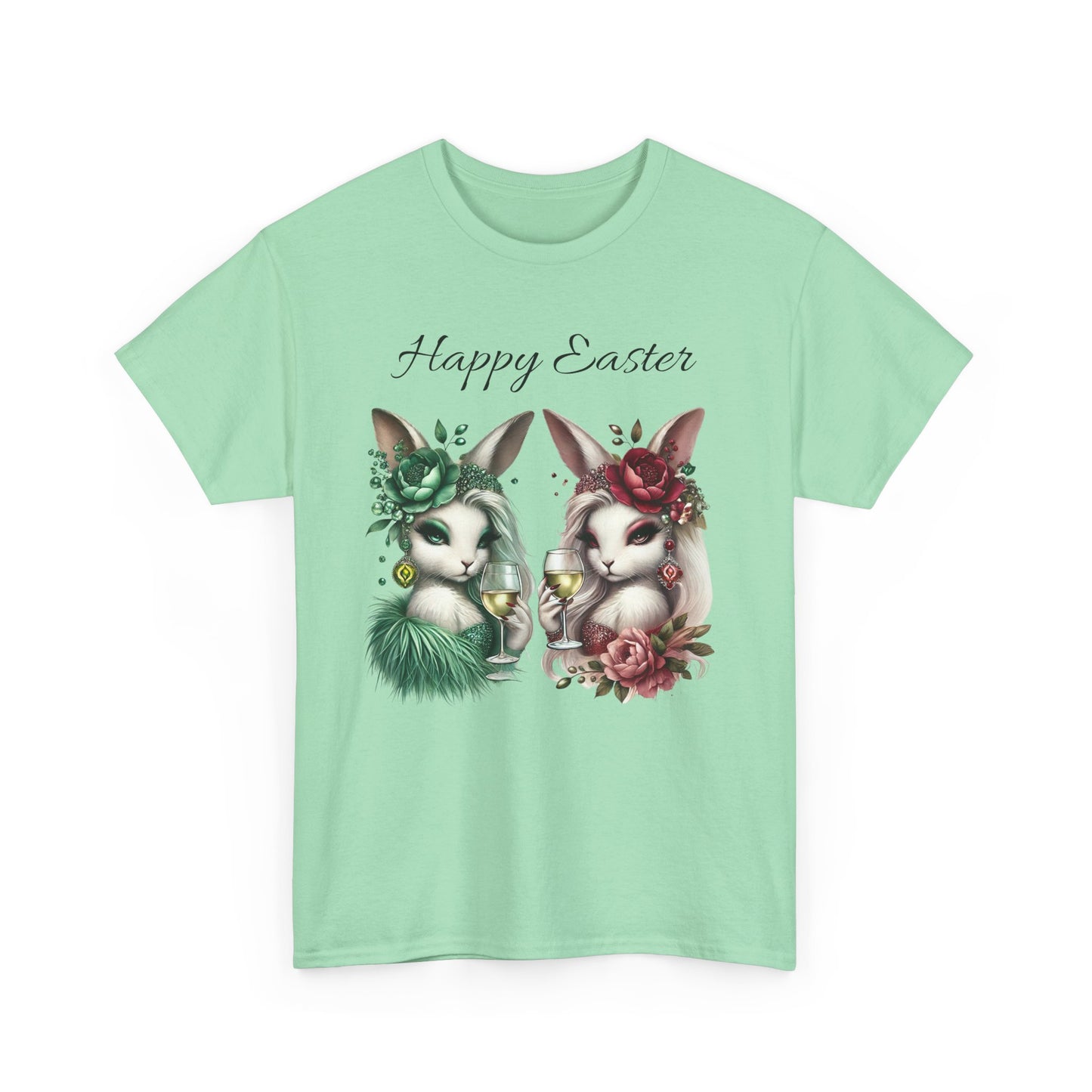 “Happy Easter” – Glam Bunny Duo Unisex Tee 🐰🍷🌿
