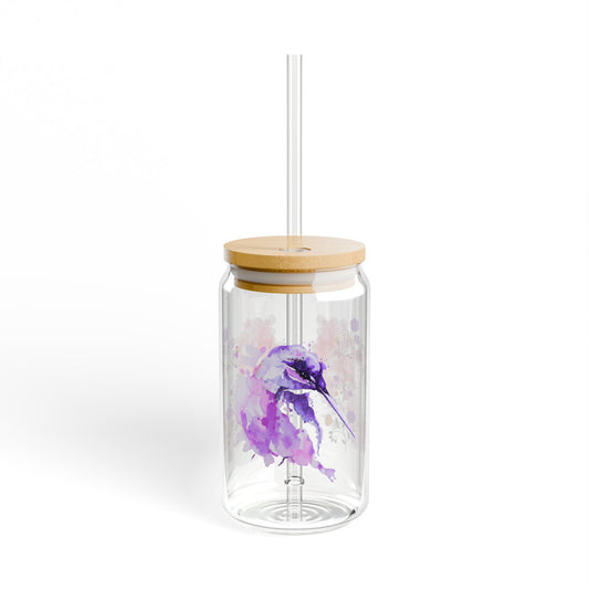 "Watercolor Hummingbird" Glass Sipper with Bamboo Lid (16oz)