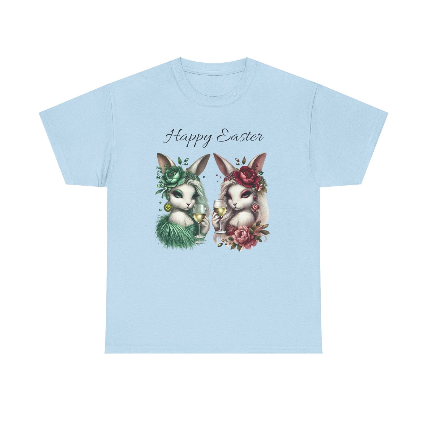 “Happy Easter” – Glam Bunny Duo Unisex Tee 🐰🍷🌿